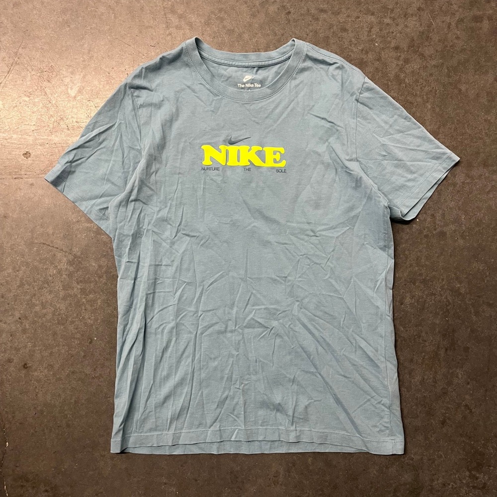 Nike Nurture The Sole Graphic T-Shirt Blue Neon Yellow Mens Medium Short Sleeve